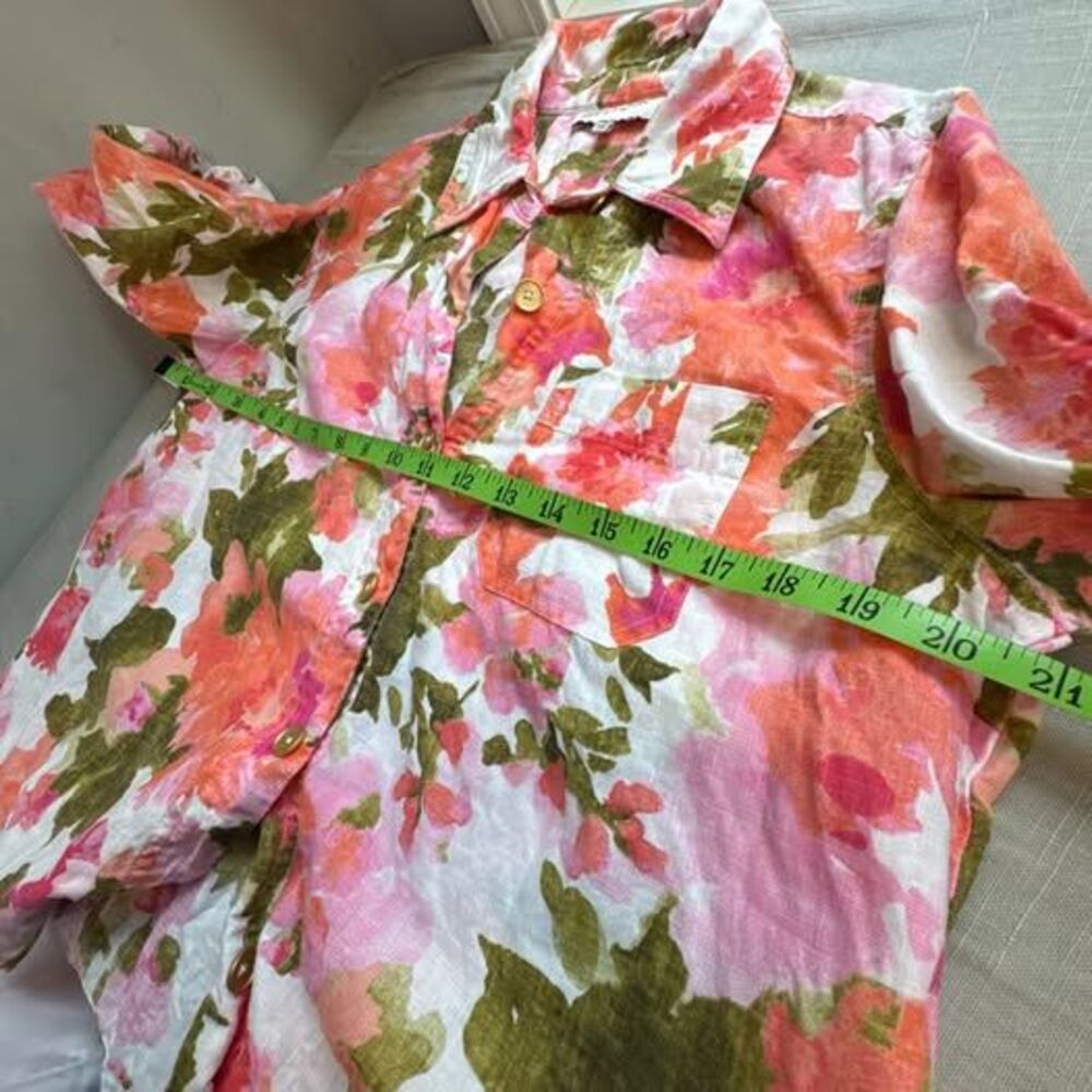 Jones New York Floral 100% Linen 3/4 Roll Tab Sleeve Top (Size Medium) - Picture 8 of 9